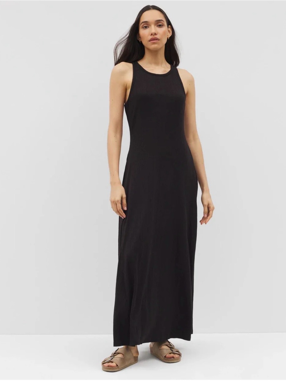 Gap Black Micro Ribbed Slinky Sleeveless Side Slit Maxi Dress Size Small Petite
